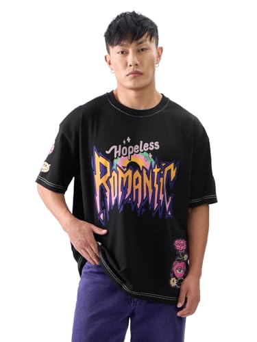 The Souled Store Hopeless Romantic Men and Boys Short Sleeves Round Neck Black Graphic Printed Cotton Oversized T-Shirts