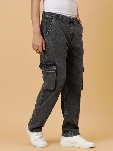 KOTTY Mens Solid Mid Rise Straight Fit Stylish Looking Cargo Jeans(Grey,30)