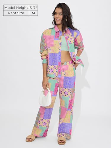The Souled Store Pink Love All Over Printed Women and Girls Buttoned Cotton Straight Fit Comfortable Trendy Wide Leg Pants