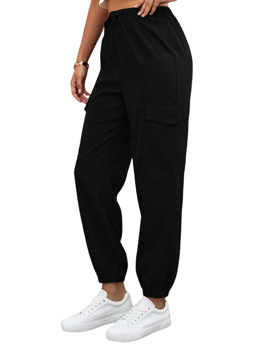 TAGAS Womens Solid Flap Pocket Side Drawstring Waist Cargo Pants || Cargo for Women Black