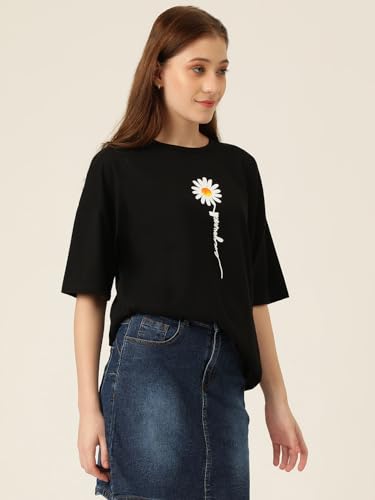 KOTTY Womens Cotton Blend Black Printed Oversized T-Shirts