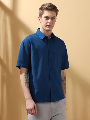 Dennis Lingo Men Relaxed Fit Teal Blue Half Sleeves Cotton Casual Shirt