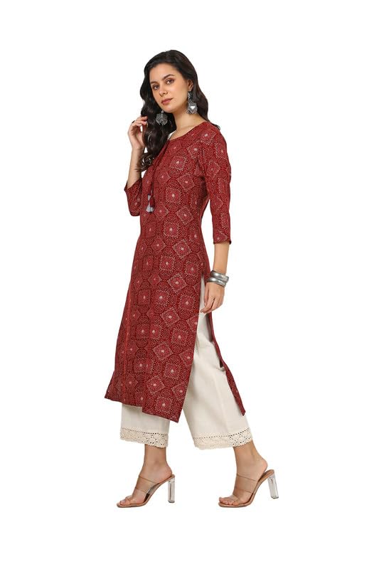Soch Womens Maroon Rayon Bandhani Print Kurta With Tassels