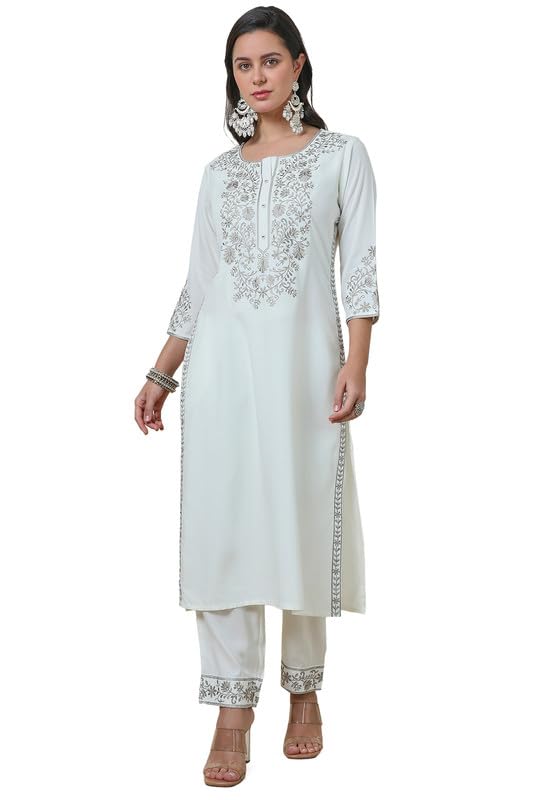 Soch Womens Off White Rayon Embroidered Kurta Set With Thread Work