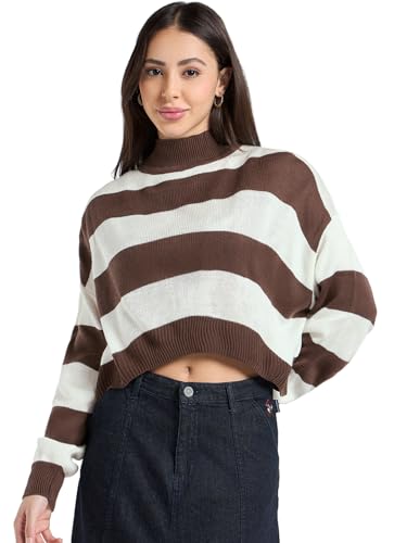 Bewakoof WomenS Striped Oversized Fit Full Sleeve Round Neck Acrylic Sweater_680219_Off White_Xl