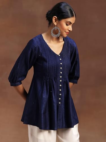 Libas WomenS Silk Blend Woven Design Regular Kurti (29103O Blue