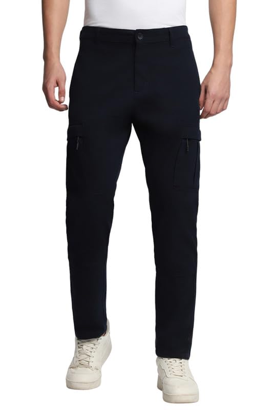 Dennis Lingo Mens Cotton Lycra Full Length Solid Slim Fit Cargo Trousers Navy