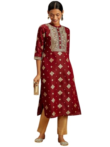 Libas WomenS Chanderi Woven Design Straight Kurtas (26526_Maroon