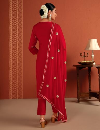 Kaari Ladies Dupatta Kurta Set, Embroidered Silk Blend, XL, Bridal Red, Model KAAAW24WSKD-70019
