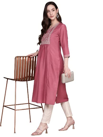 anubhutee Women's Silk Mauve Zari Work Woven Design Embroidered A-Line Kurta