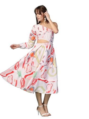 OOMPH! Womens Western & Fusion wear Printed Crepe Dress for Women, One Shoulder, White - md1080