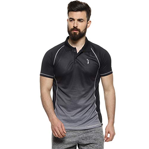 Campus Sutra Mens Black & Grey Ombre Polo Activewear T-Shirt for Casual Wear | Spread Collar | Short Sleeve | Half-Button Closu