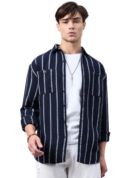 Style Quotient Men Navy Stripe Textured Solid Shirt