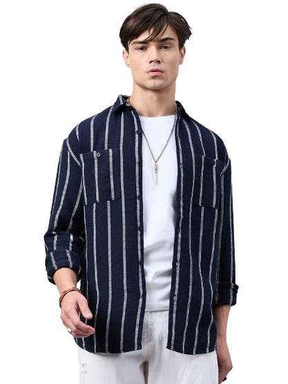 Style Quotient Men Navy Stripe Textured Solid Shirt