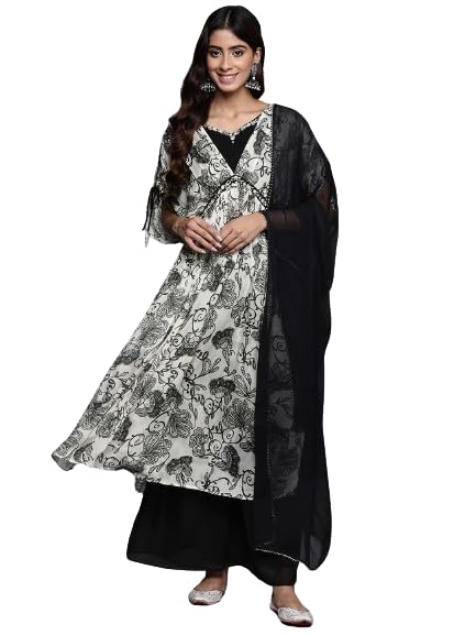 Varanga Women Off-White And Black Floral Printed Pure Silk Chinon, Embroidered V-Neck Aliya Cut Extended Sleeve Kurta Paired With Bottom And Dupatta