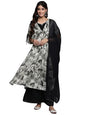 Varanga Women Off-White And Black Floral Printed Pure Silk Chinon, Embroidered V-Neck Aliya Cut Extended Sleeve Kurta Paired With Bottom And Dupatta