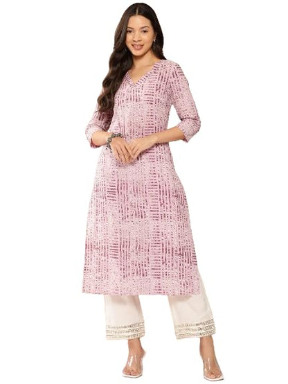 Lavender Stripe Printed V-Neck Embellished with Triangular Lace, Three Quarter Sleeves with Gota Lace Detail, Straight Kurta with Side Slits