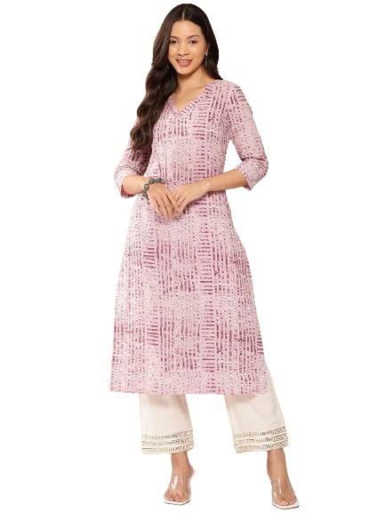 Lavender Stripe Printed V-Neck Embellished with Triangular Lace, Three Quarter Sleeves with Gota Lace Detail, Straight Kurta with Side Slits
