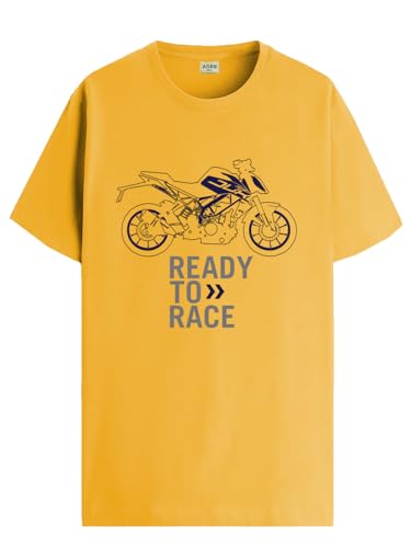 ADRO Men's Biker Design Printed 100% Cotton T-Shirt - Regular Fit, Printed T-Shirts for Men (RN24-KTM-MU_Mustard_XL)