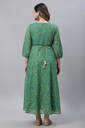 Aurelia WomenS Green Floral Foil Printed Flared Kurta