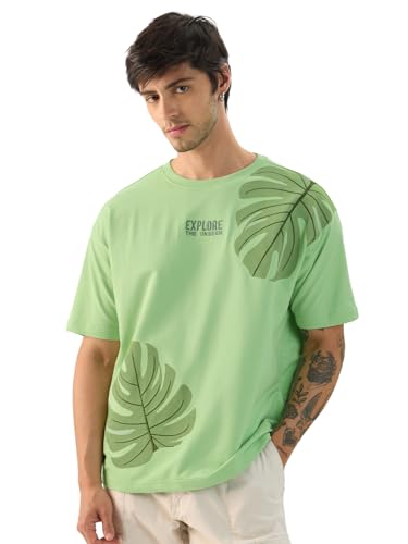 The Souled Store Explore The Unseen Men And Boys Short Sleeve Round Neck Green Embroided Cotton Oversized T-Shirts