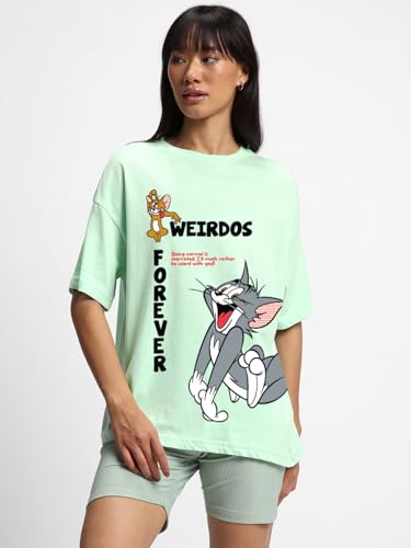 Bewakoof X Official Tom & Jerry Merchandise Womens Weirdos Forever Graphic Printed 100% Cotton T-Shirt - Oversized Fit, Round N