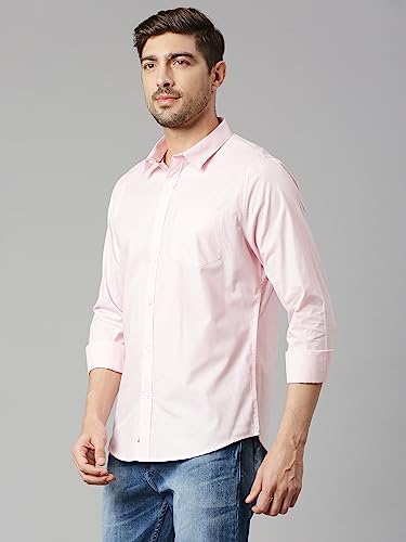 Thomas Scott Mens Solid Slim Fit 100% Cotton Casual Shirt with Spread Collar and Long Sleeve Pink