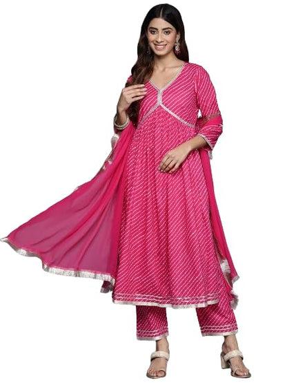 VARANGA Women Fuchsia Leheriya Print V-Neck With Lace Detail A Line Kurta With Bottom And Dupatta.