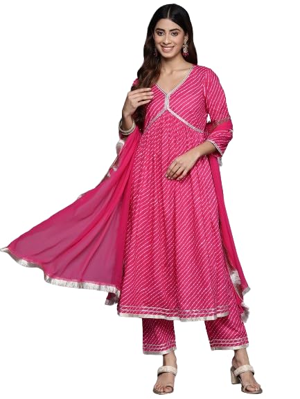 VARANGA Women Fuchsia Leheriya Print V-Neck With Lace Detail A Line Kurta With Bottom And Dupatta.