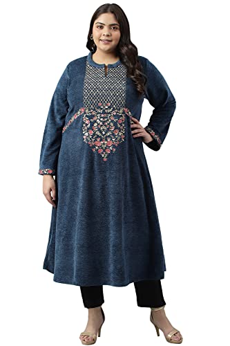 W for Woman Dark Blue Embroidered Plus Size Winter Kurta