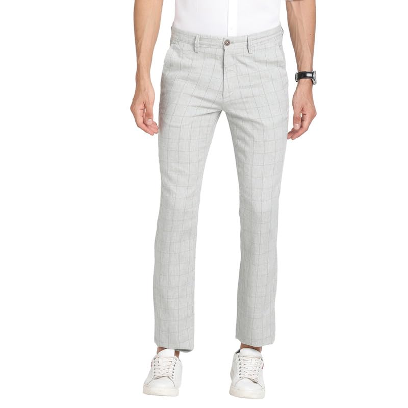 Turtle Men Cotton Linen Grey Checkered Ultra Slim Fit Flat Front Casual Trouser