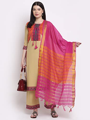 ANNI DESIGNER Women's Cotton Straight Kurta with Palazzo & Dupatta (KPZD-COT-10013-BEIGE)