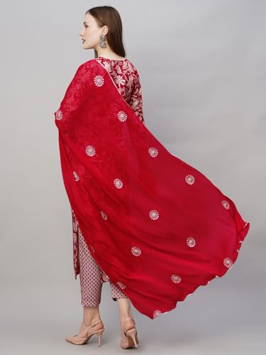 GoSriKi Ladies Cotton Blend Printed Kurta Set with Trousers & Dupatta, XL, Red, Model MEI PURPLE-NW-GS