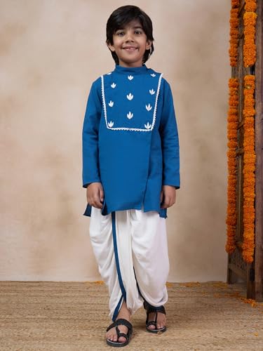 Pspeaches Boys Mandarin Collar Floral Yoke Design Regular Thread Work Kurta With Dhoti Pants (12-14Years)
