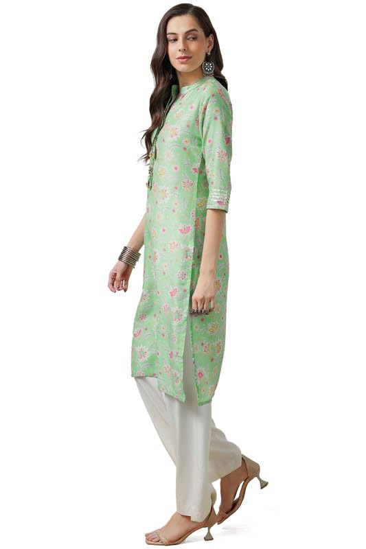 Soch Womens Sap Green Muslin Blend Floral Print Kurta With Tassels