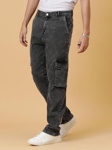 KOTTY Mens Solid Mid Rise Straight Fit Stylish Looking Cargo Jeans(Grey,30)