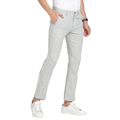 Turtle Men Cotton Linen Grey Checkered Ultra Slim Fit Flat Front Casual Trouser