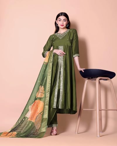 Shiv TextilesWomens Silk Blend Anarkali Kurta Pant Set with Dupatta | Ethnic Suit Set with Embroidery Work | Flared Kurta Set f
