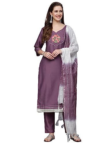 Stylum Women's Embroidered Chinnon Straight Kurta Pant Dupatta Set