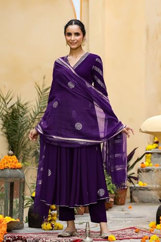 GoSriKi Anarkali Kurta Set for Women - Rayon Blend, Trousers & Dupatta, Small, Begani, Model BERLIN WINE-GFVS