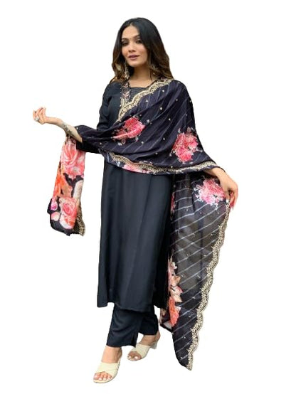 Goroly WomenS Cotton Blend Straight Cut Kurta Pant With 3/4 Sleeve Square Neck Calf Length And Printed Dupatta A-Line Style