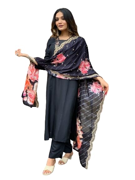 Goroly WomenS Cotton Blend Straight Cut Kurta Pant With 3/4 Sleeve Square Neck Calf Length And Printed Dupatta A-Line Style