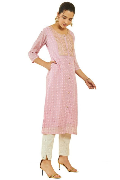 Soch Womens Pink Chanderi Polka-Dot Pattern Straight Kurta With Embroidered Yoke
