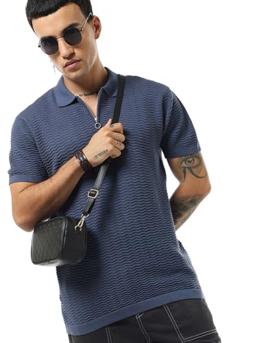 Bewakoof Mens Textured Regular Fit Half Sleeve Polo Neck Pure Cotton T-Shirt_633522_Blue_XL