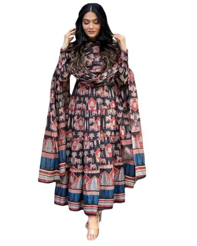 Toochki Women's Cotton Anarkali Printed with Embroidered Kurta with Palazzo & Dupatta Set