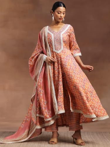 Libas Womens Silk Blend Printed Kurta Set (36696O_Peach