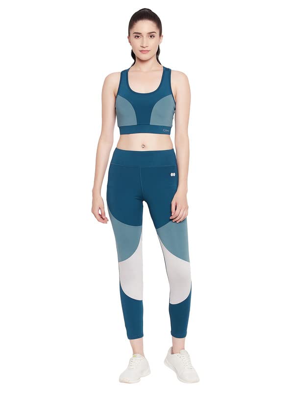 Clovia Womens Medium Impact Sports Bra & High Waist Tights Set (COMBAT229_Teal_XXL)