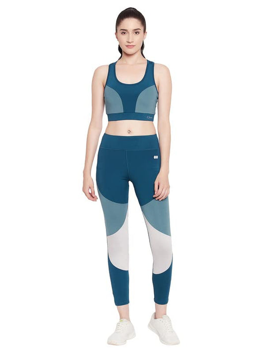 Clovia Womens Medium Impact Sports Bra & High Waist Tights Set (COMBAT229_Teal_XXL)