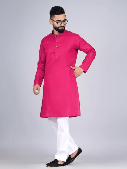 Pinkmint Kurta For Men Cotton Mandarin Collar Long Sleeve Soild Traditional Kurta
