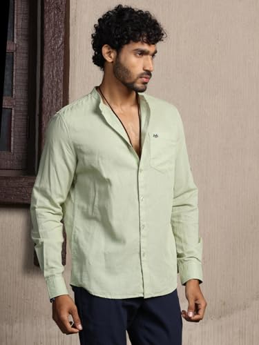 Thomas Scott 100% Cotton Linen Mandarin Collar Roll Up Sleeve Casual Shirts For Mens Pista